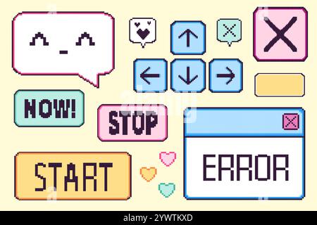 Pixel game interface elements set - navigation arrows, start buttons, error message, speech bubble with kawaii face, pixel hearts and control panels. Retro 90s gaming design and 8-bit projects. Stock Vector