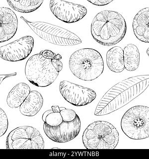 Mangosteen whole fruit, halved, slices, and leaves vector seamless pattern isolated. High quality hand drawn black and white art for wrapping paper Stock Vector