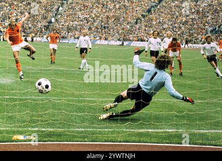 File photo dated 7-07-1974 of Holland's Johan Neeskens lashes the ball past West Germany goalkeeper Sepp Maier to score the opening goal from the penalty spot. The midfielder was an integral part of the famed Netherlands sides which finished runners-up at the 1974 and 1978 World Cups, and also won three European Cups with Ajax and starred at Barcelona. He died at the age of 73 in October. Issue date: Thursday December 12, 2024. Stock Photo