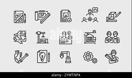 Planning Drafting linear icons set. Blueprint, Sketch, Outline ...