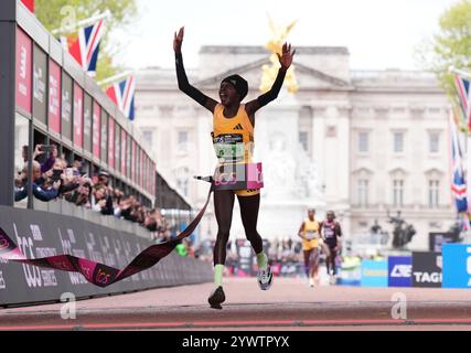 File photo dated 21-04-2024. Olympic champion Peres Jepchirchir smashed the women's-only world record to win the London Marathon. The Kenyan came home in 2:16.16, breaking the previous mark of 2:17.01 set by Mary Jepkosgei Keitany in London in 2017. Issue date: Thursday December 12, 2024. Stock Photo