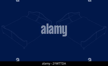 Double bed with bedspread and two pillows in blue isolated on dark background. Concept of bedroom, sleep Stock Vector