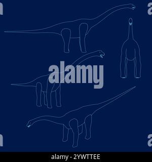 Set Outline of brachiosaurus dino. Extinct dinosaur of ancient jurassic period. Prehistorical character. Blue contour vector illustration isolated on Stock Vector
