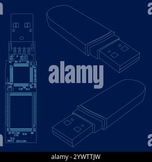 Set Flash disk with tech circuit inside. Vector illustration Stock Vector