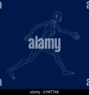 Wireframe Geometric running man from blue lines. Vector illustration Stock Vector