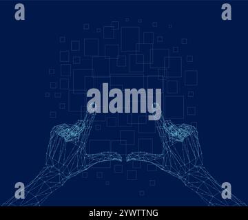 Two human hands. Wireframe glowing low poly hands. Design on dark blue background. Abstract futuristic vector illustration Stock Vector