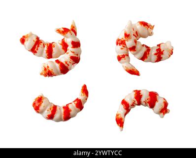 Set of red white surimi shrimps isolated on a white background. Variety of shrimps from surimi for food design. Asian cuisine traditional ingredient. Stock Photo