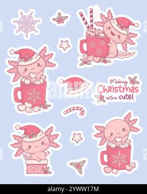 Cute Christmas Axolotl stickers. New Year funny little cartoon kawaii character in Santa hat with festive cup Hot Cocoa with Marshmallows and in gift Stock Vector