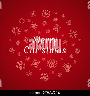 Christmas round banner with snowflakes on red background and inscription Merry Christmas. Vector illustration Stock Vector