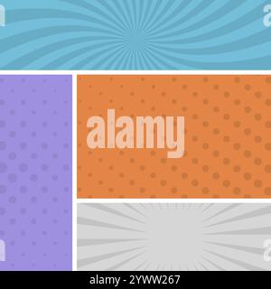 Colorful comic book page background in pop art style. Empty template with rays and dots pattern. Vector illustration Stock Vector