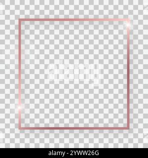 Rose gold shiny square frame with glowing effects and shadows on transparent background. Vector illustration Stock Vector