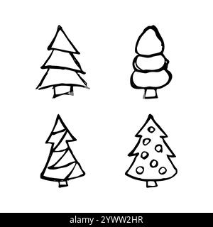 Hand drawn Christmas trees. Set of four monochrome sketched illustrations of firs.  Winter holiday doodle elements. Vector illustration Stock Vector