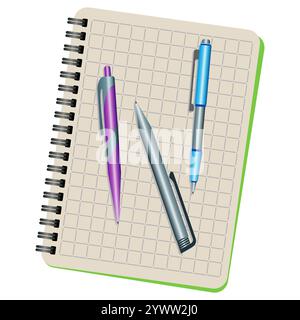 Notebook and three pens on a white background Stock Vector