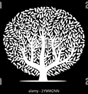 White tree with leaves on black background. Vector illustration Stock Vector