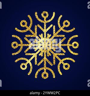 Gold glitter snowflake on dark blue background. Christmas and New Year decoration elements. Vector illustration. Stock Vector