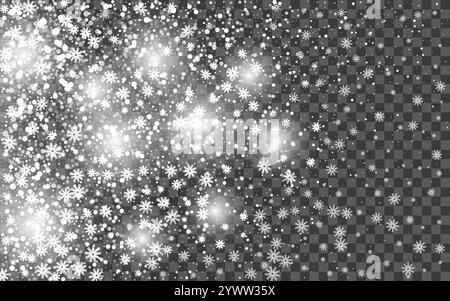 Snowfall and falling snowflakes on dark transparent background. White snowflakes and Christmas snow. Vector illustration Stock Vector