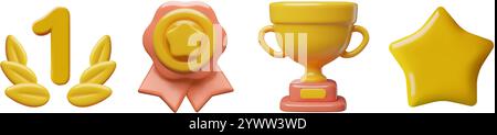Awards and prizes 3d vector icons collection including a winner medal, a gold trophy, number one in laurel wreath and a star. Stock Vector