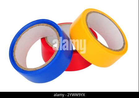 Three rolls of coloured electrical insulation, tape isolated on a white background Stock Photo