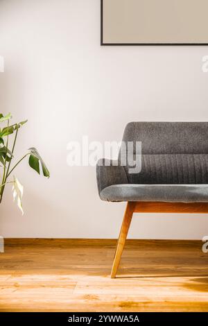 Interior design, wooden floor, sofa, plant and picture on white wall. Scandinavian livingroom vertical photo Stock Photo