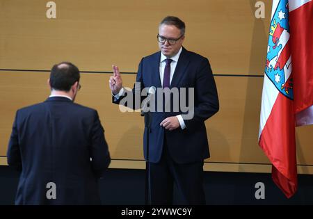 Erfurt, Germany. 12th Dec, 2024. Mario Voigt, CDU), at his swearing-in as the new Minister President. CDU politician Voigt has been elected as the new Minister President and leads Germany's first blackberry coalition. Credit: Bodo Schackow/dpa/Alamy Live News Stock Photo