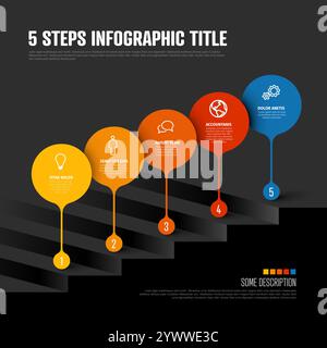 Multipurpose Simple five steps infographic template with big yellow and red droplets pointers in one line on the stairs with dark background Stock Vector