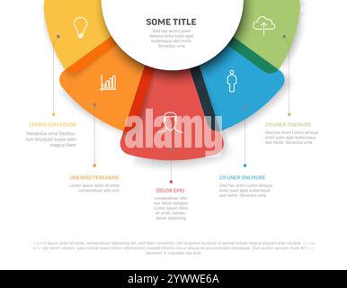 Vector multipurpose Infographic template with five rounded semi transparent elements on the top, description and icons on fan paper with white center. Stock Vector