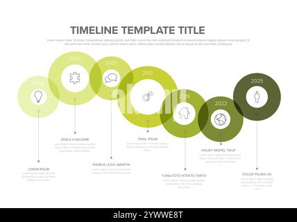Simple multipurpose infographic layout template with seven green circles on the curved line with years and icons. Simple infographic timeline template Stock Vector