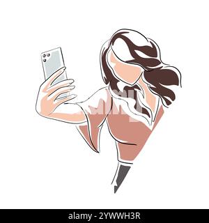 Woman takes a selfie with her mobile phone, isolated vector line art drawing illustration Stock Vector
