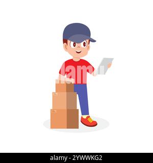 A cheerful boy wearing a blue cap and red outfit while standing next to three stacked cardboard boxes. courier boy Stock Vector