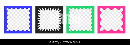 Vector set of doodle colored frames with scallop edges. Jagged wavy text box with empty transparent space inside. Wave squiggle photo borders, funky wiggly mirrors or curvy undulate frameworks Stock Vector