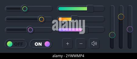 Vector set of scroll bar icons, sliders, scrollbar volume. Grey ui controls web elements for website, app user interface or internet page. Brightness controller, turn on and off toggle switch buttons Stock Vector