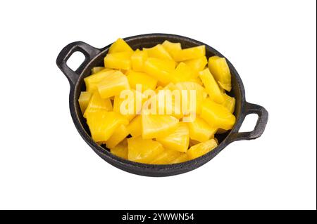 Canned Pineapple chunks slices in a bowl isolated on white background. top view. Stock Photo