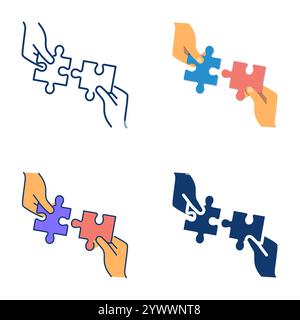Making puzzle together icon set in flat and line style. Connection, teamwork, problem solving. Vector illustration Stock Vector