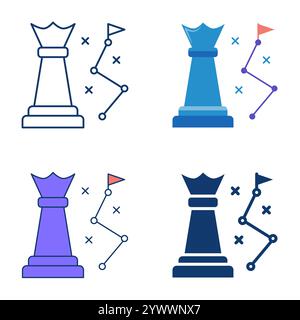 Strategy icon set in flat and line style. Chess figure, tactic thinking. Vector illustration Stock Vector