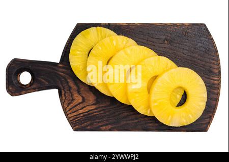 Canned Pineapple rings slices on a board isolated on white background. top view. Stock Photo