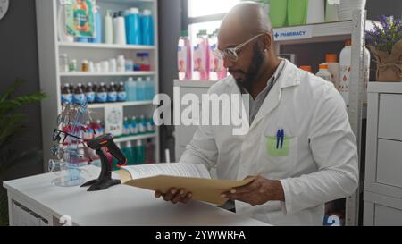 Young pharmacist studying a large book in a well-organized pharmacy environment with various health products, eyeglasses, and a barcode scanner on the Stock Photo