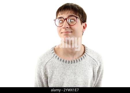 Funny Young Man Portrait in Glasses. Isolated on the White Background Stock Photo