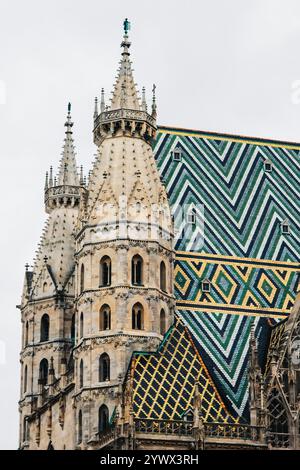 Vienna, Austria - May 12, 2019: View of top part of St. Stephen's Cathedral, Austria, closeup photo. St. Stephen's Cathedral is a symbol and landmark Stock Photo