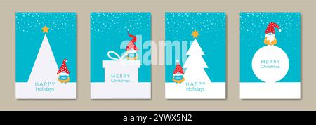 Set Christmas card in modern minimalist geometric style and Scandinavian nordic gnome, elf. Elements for calendar, greetings cards or Happy New Year Stock Vector