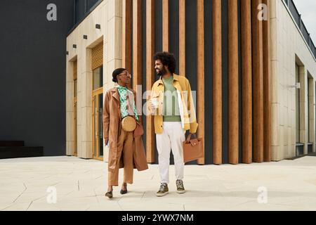 Walking Together and Engaging in a Friendly Conversation Stock Photo