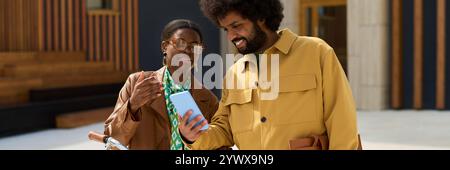 Smiling People Using Smartphone While Standing Outdoors Stock Photo