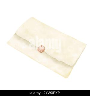 Envelope from old paper with wax seal. Watercolor illustration in digital. Rectangular narrow sealed envelope isolated on white background. Rolled let Stock Photo
