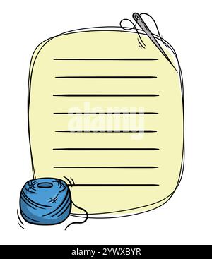 Colorful notepad page template. Vector illustration of threads, needles and handmade items. Blank blank for text Stock Vector