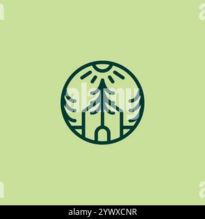 Pine Home With Sun Logo Design Line Art Stock Vector