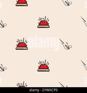Seamless pattern with pincushion, needles and pins. Vector background associated with handmade, needlework Stock Vector
