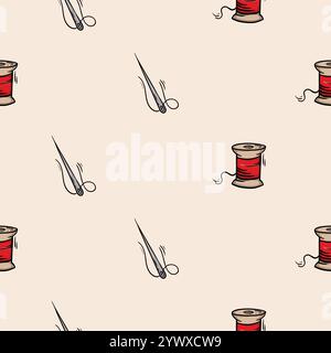 Seamless pattern with needle and spool of thread. Vector background associated with handmade, needlework Stock Vector