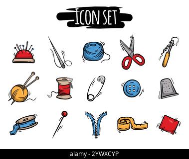 Colored set of handmade, needlework, hobby, sewing and knitting icons. Signs and symbols for design, decoration Stock Vector