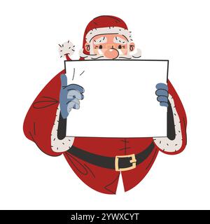 Santa Claus or Saint Nicholas character with white sheet in hands. Vector template or mockup. Cartoon personage of Santa holds empty letter or page. Stock Vector