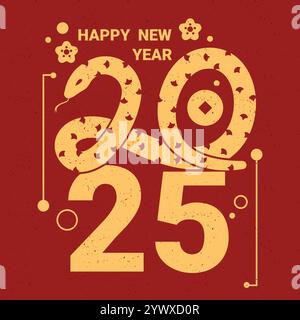 Happy New Year 2025. Greeting card or banner with snake symbol. Vector illustration in oriental style. Golden stylized snake on red background. Stock Vector