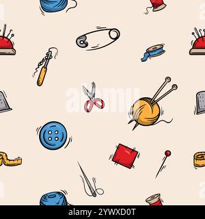 Seamless pattern with sewing and knitting supplies, threads, needles, scissors, pins. Vector background associated Stock Vector